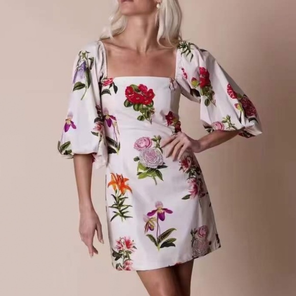 BEST Cara Cara Montauk Puff-Sleeve Cotton Mini Dress - Egret Camellia Floral